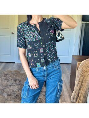 Y2K Floral Beaded Patchwork Cottagecore Button Blouse Grandma Chic Rayon Shirt